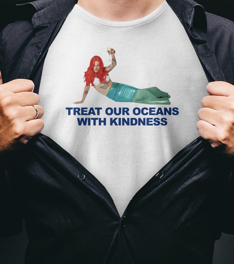 Treat Our Oceans With Kindness Red-Haired Mermaid Holding Glass T-Shirt