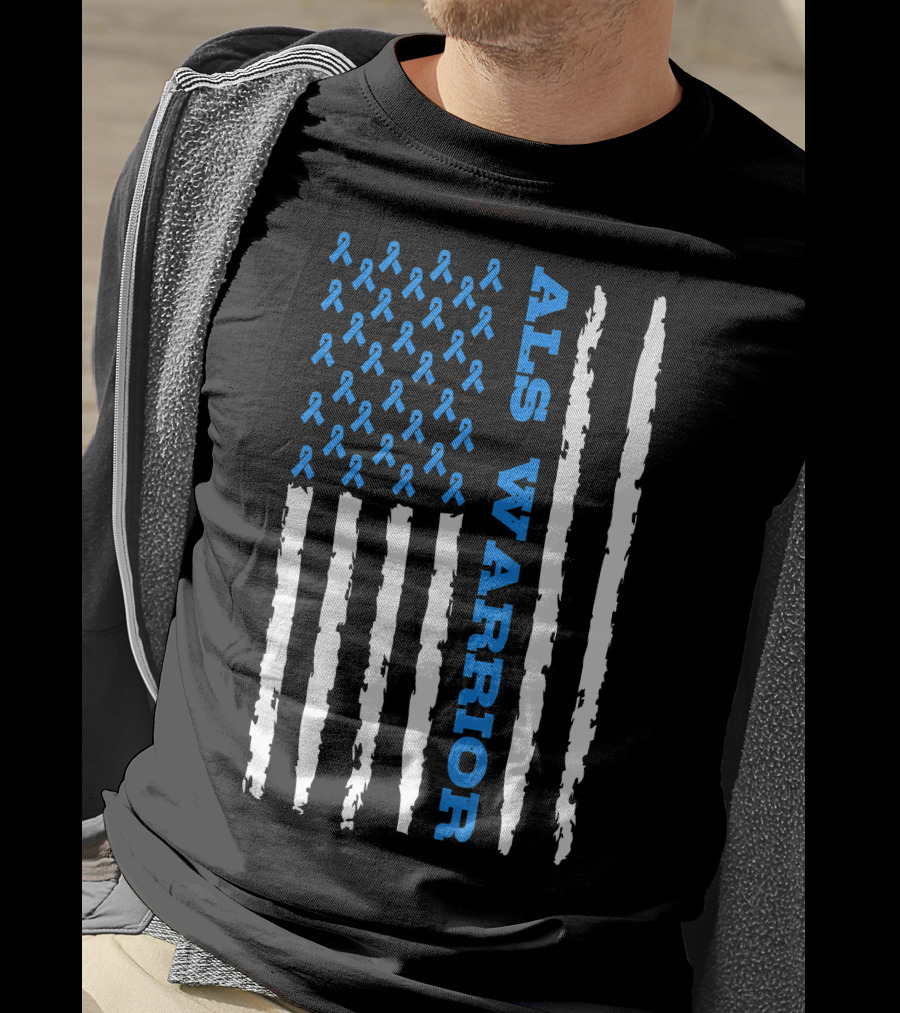 ALS Warrior Blue Ribbon Awareness American Flag USA T-Shirt