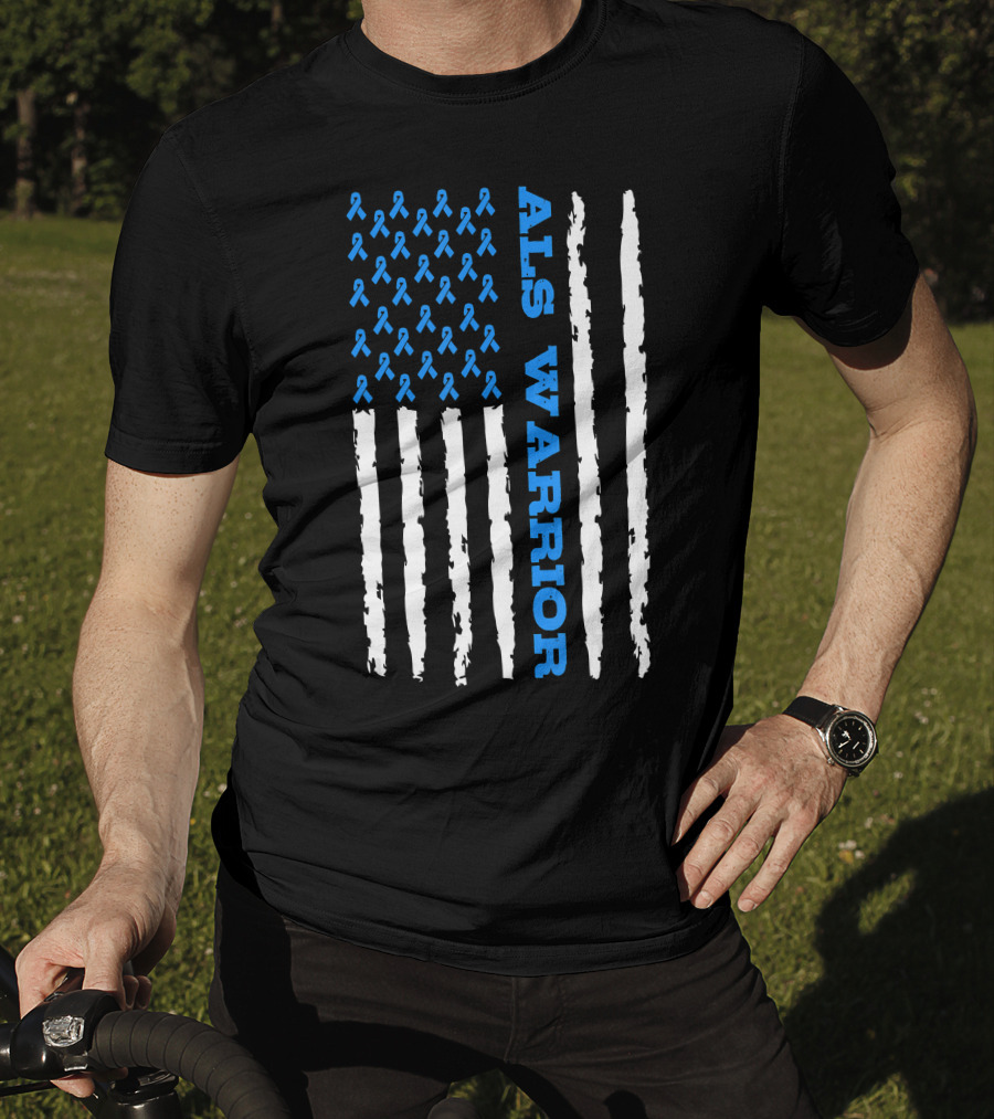 ALS Warrior Blue Ribbon Awareness American Flag USA T-Shirt