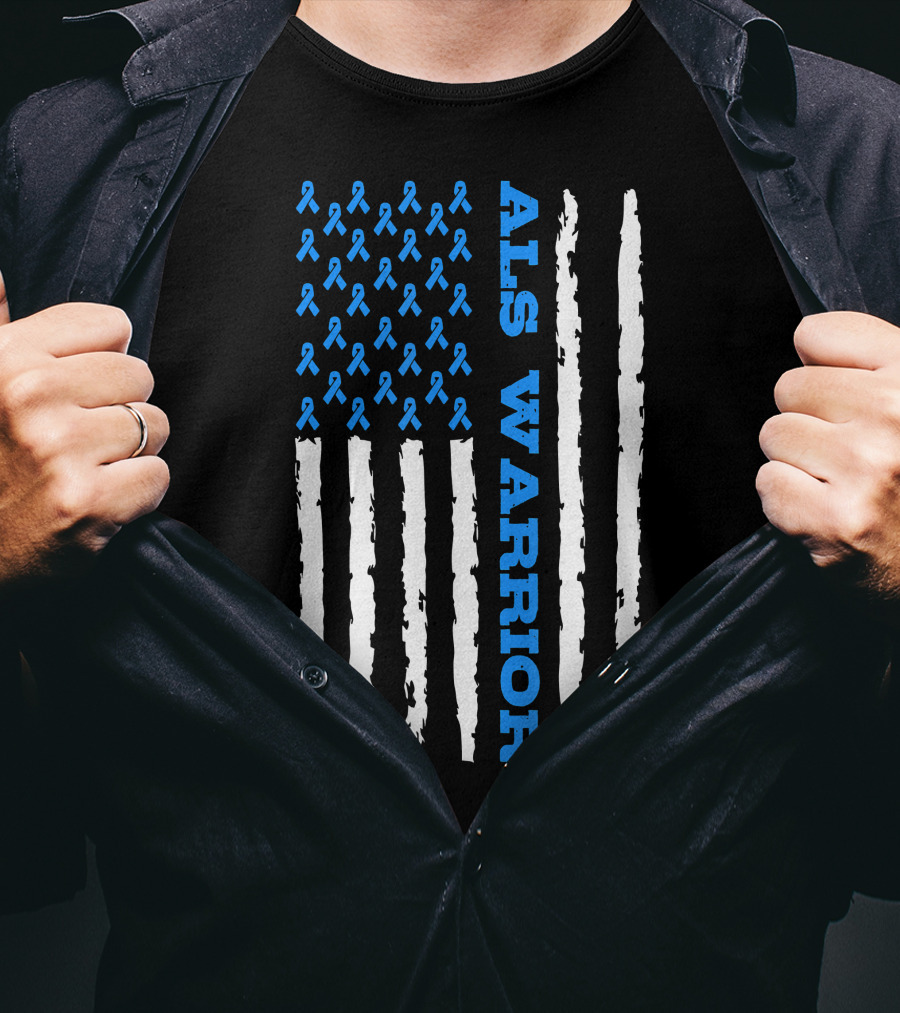 ALS Warrior Blue Ribbon Awareness American Flag USA T-Shirt