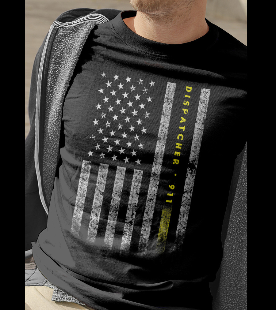 Dispatcher 911 American Flag With Gold Line USA Flag T-Shirt