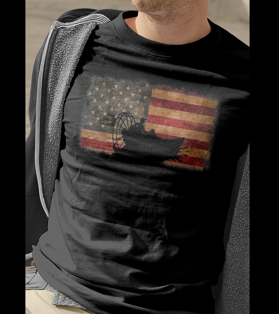 American Flag Airboat Racing Silhouette Over Rustic America T-Shirt