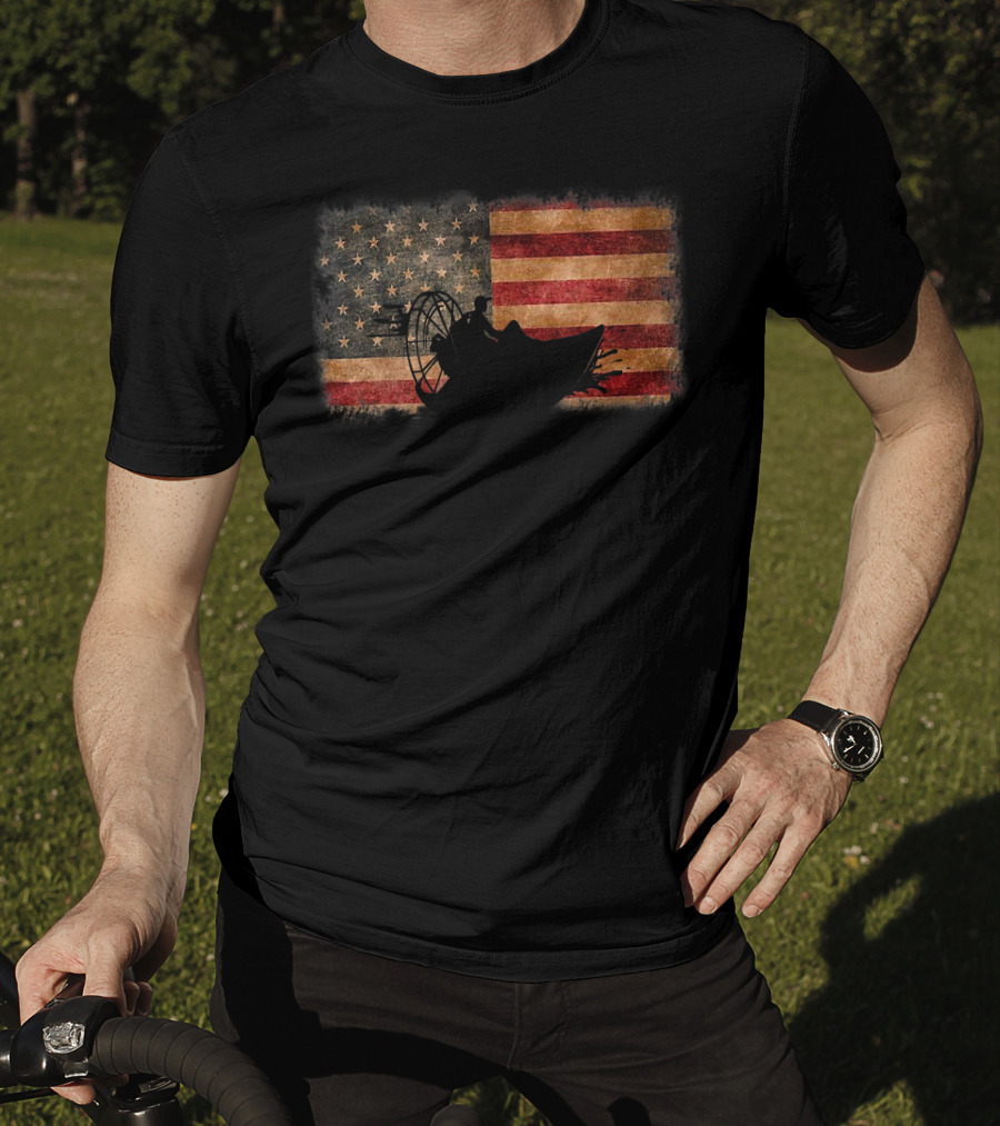 American Flag Airboat Racing Silhouette Over Rustic America T-Shirt