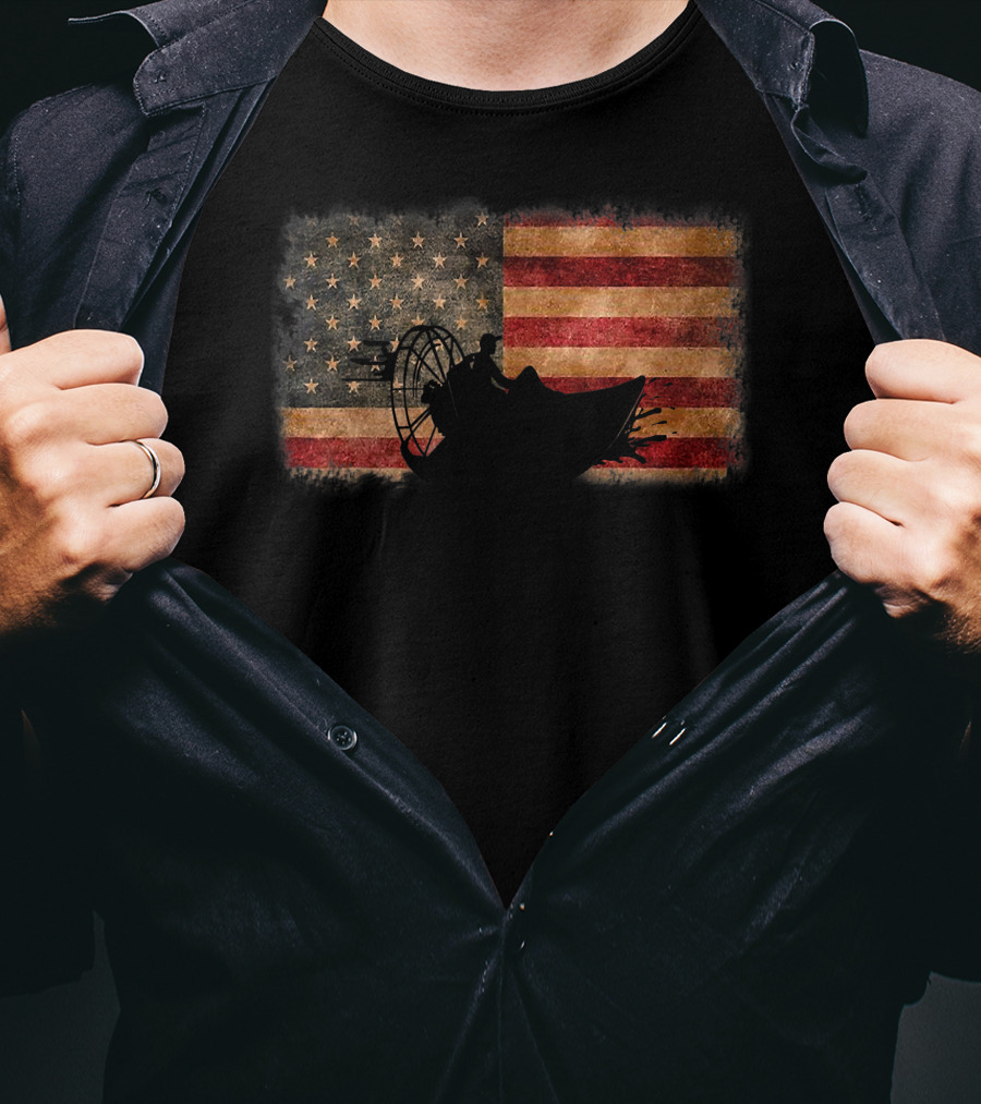 American Flag Airboat Racing Silhouette Over Rustic America T-Shirt