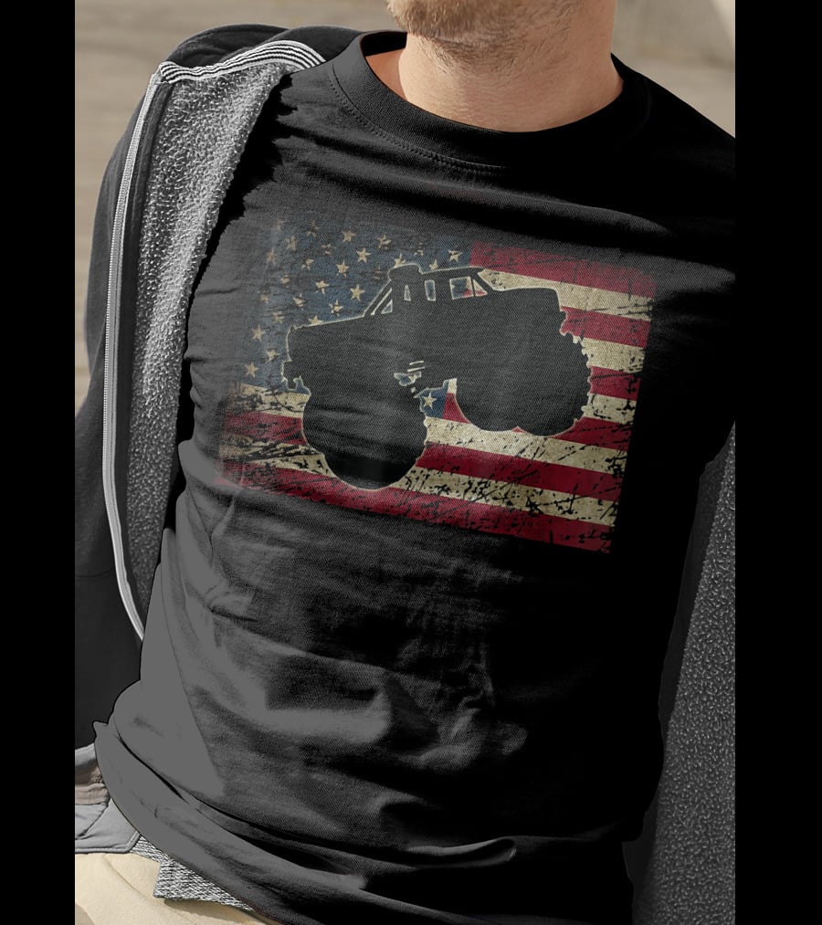American Flag Monster Truck Silhouette Over T-Shirt