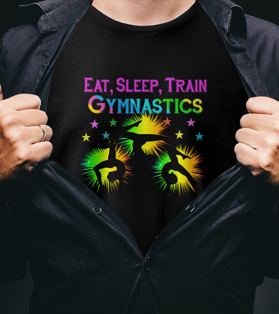 Eat Sleep Train Gymnastics Colorful Silhouette Stars Explosion T-Shirt