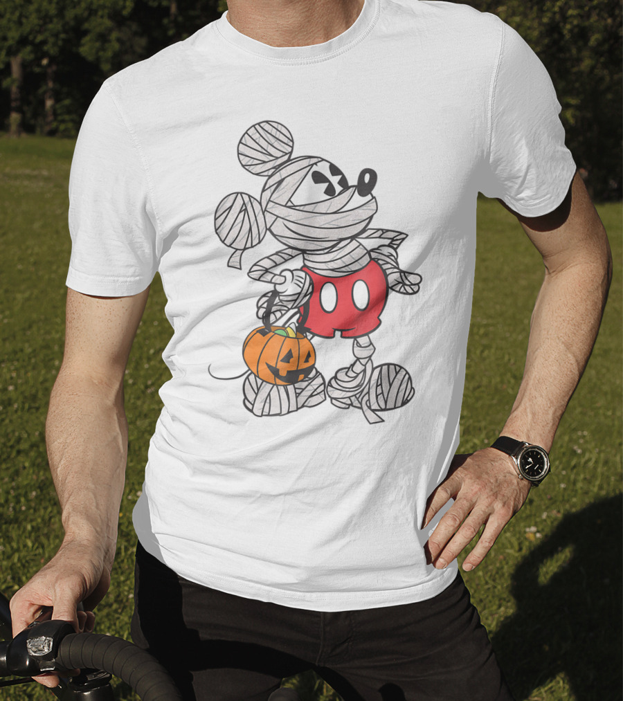 Mickey Mouse Mummy Wrapped With Pumpkin Bucket For Halloween T-Shirt