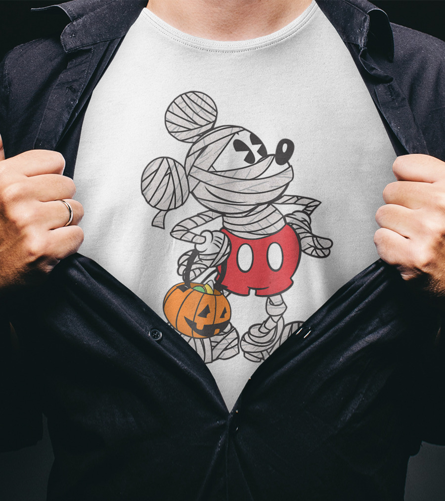 Mickey Mouse Mummy Wrapped With Pumpkin Bucket For Halloween T-Shirt