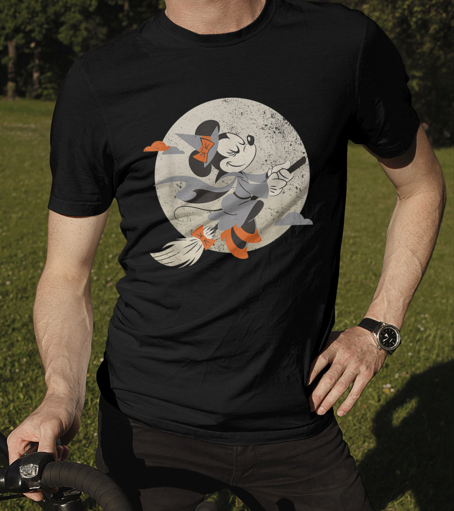 Minnie Mouse Disney Witch Flying On Broomstick Halloween Moon Scene T-Shirt