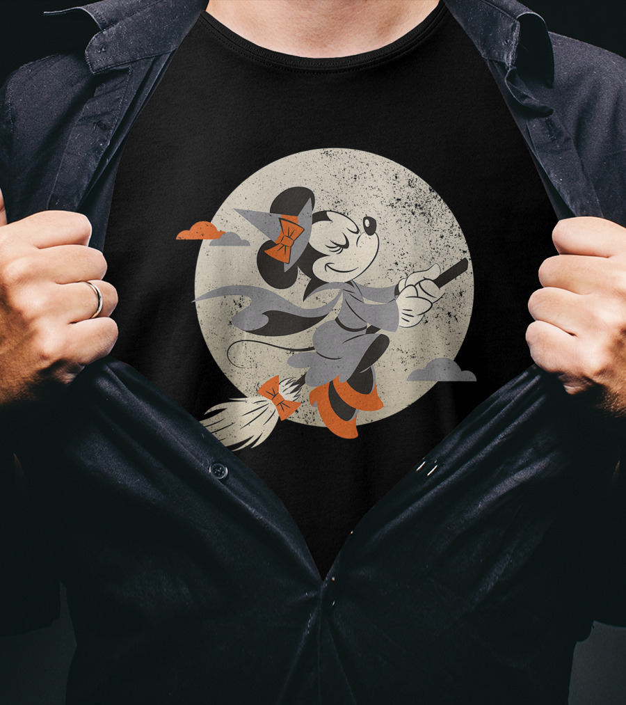 Minnie Mouse Disney Witch Flying On Broomstick Halloween Moon Scene T-Shirt