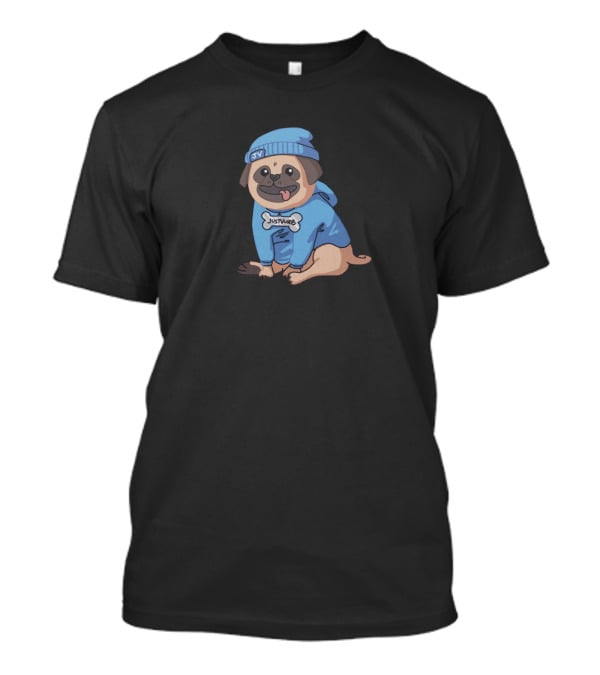 Justvurb JV Pug Dog In Blue Hoodie And Beanie T-Shirt