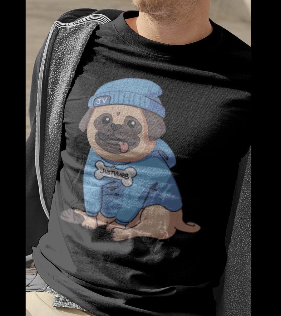 Justvurb JV Pug Dog In Blue Hoodie And Beanie T-Shirt