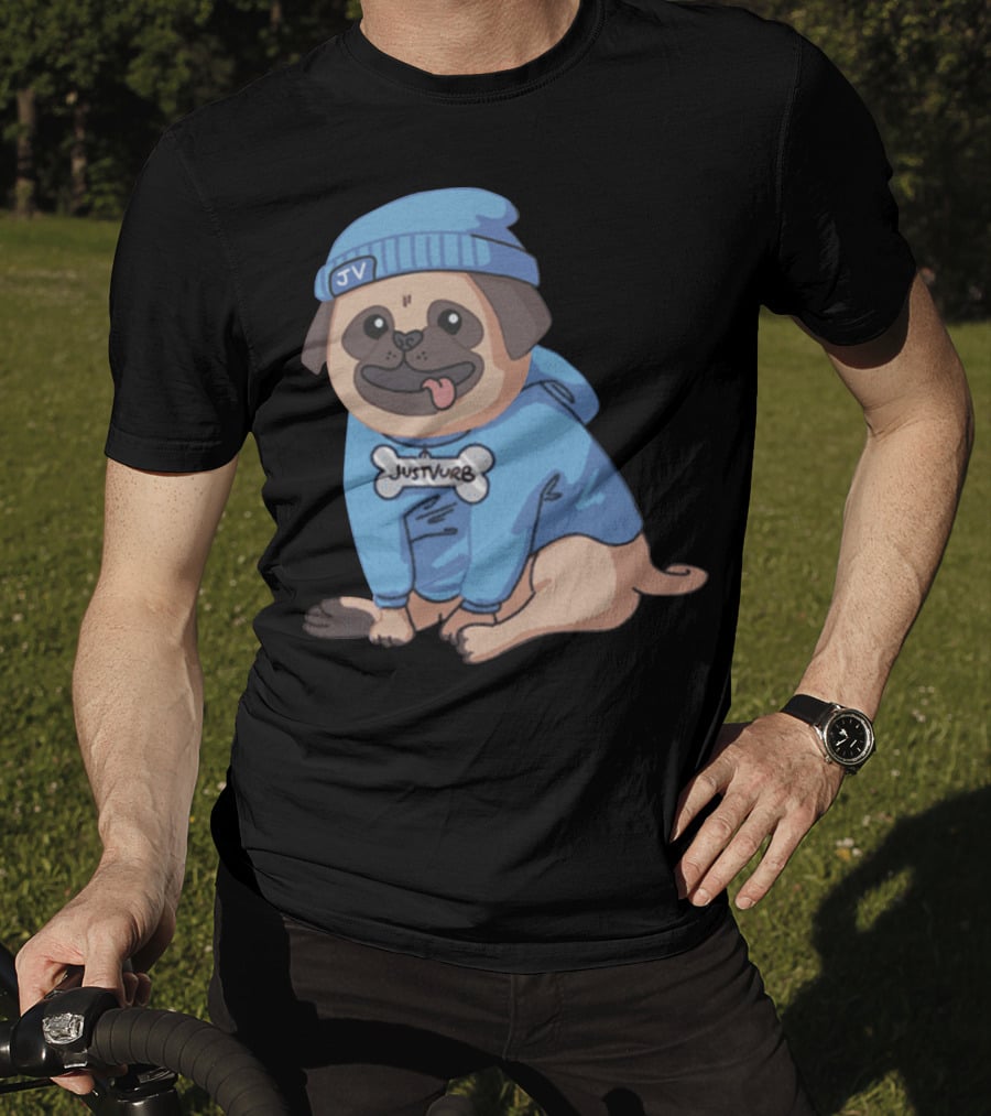 Justvurb JV Pug Dog In Blue Hoodie And Beanie T-Shirt