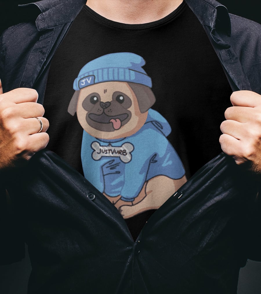 Justvurb JV Pug Dog In Blue Hoodie And Beanie T-Shirt