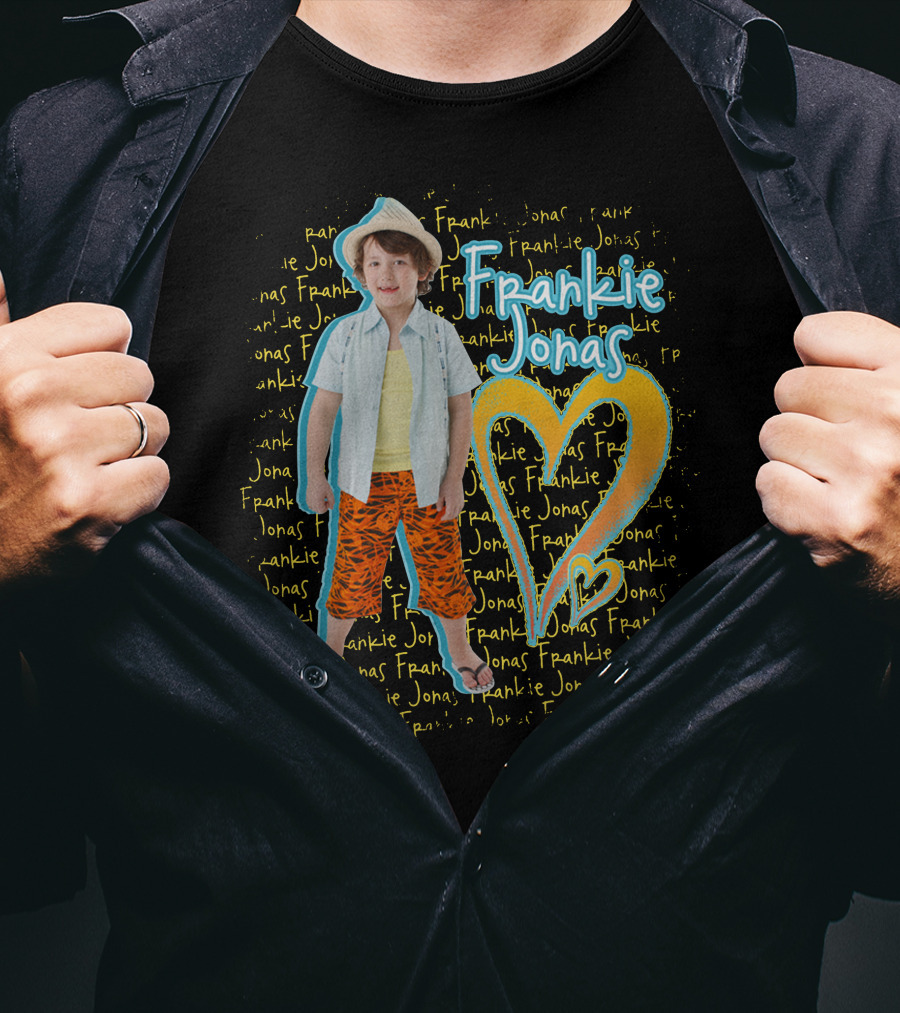 Frankie Jonas In Colorful Outfit With Heart And Repeated Name T-Shirt
