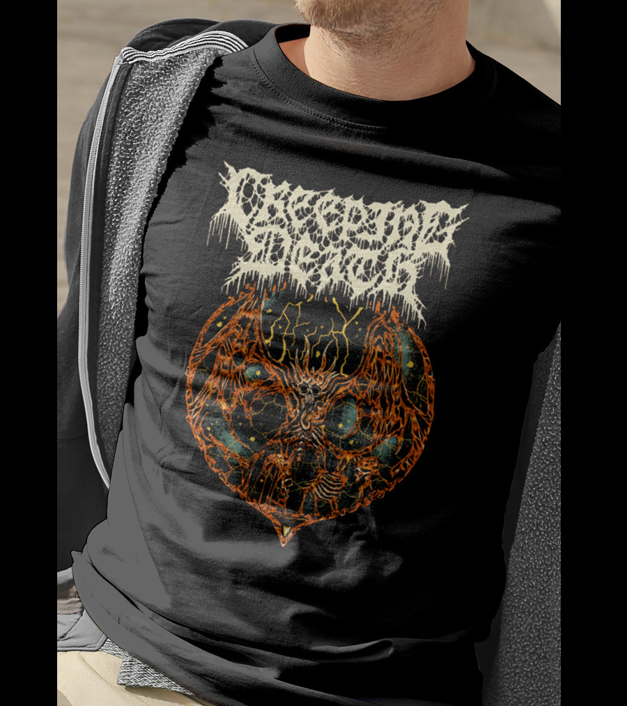 Creeping Death Skeleton Demon With Orange Lightning And Cosmic Background T-Shirt