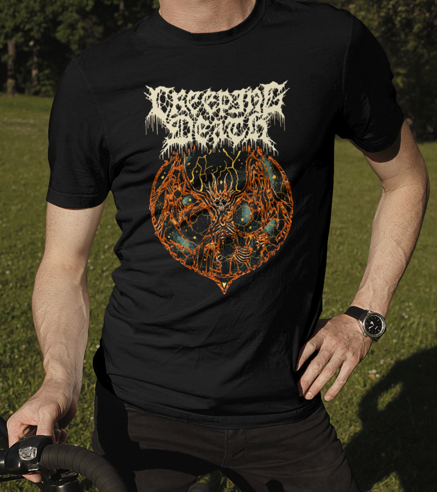 Creeping Death Skeleton Demon With Orange Lightning And Cosmic Background T-Shirt