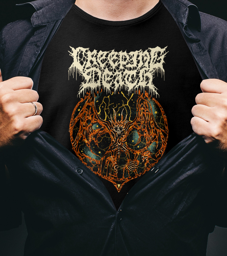 Creeping Death Skeleton Demon With Orange Lightning And Cosmic Background T-Shirt