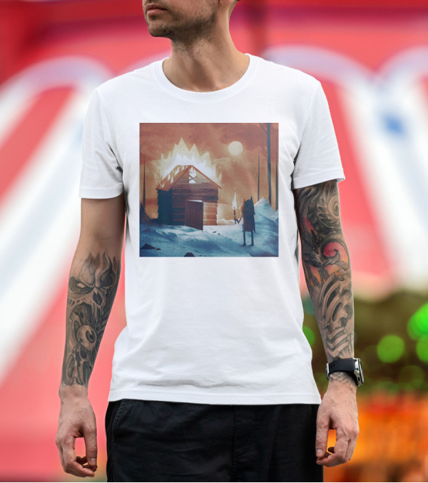 Premium T-Shirt: Galleons Merch Cabin Under Twilight with Frozen Forest and Firelight T-Shirt Galleons Merch Cabin Under Twilight with Frozen Forest and Firelight T-Shirt