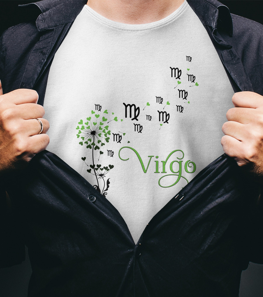 Virgo Zodiac Symbol Flower With Green Heart Leaves T-Shirt