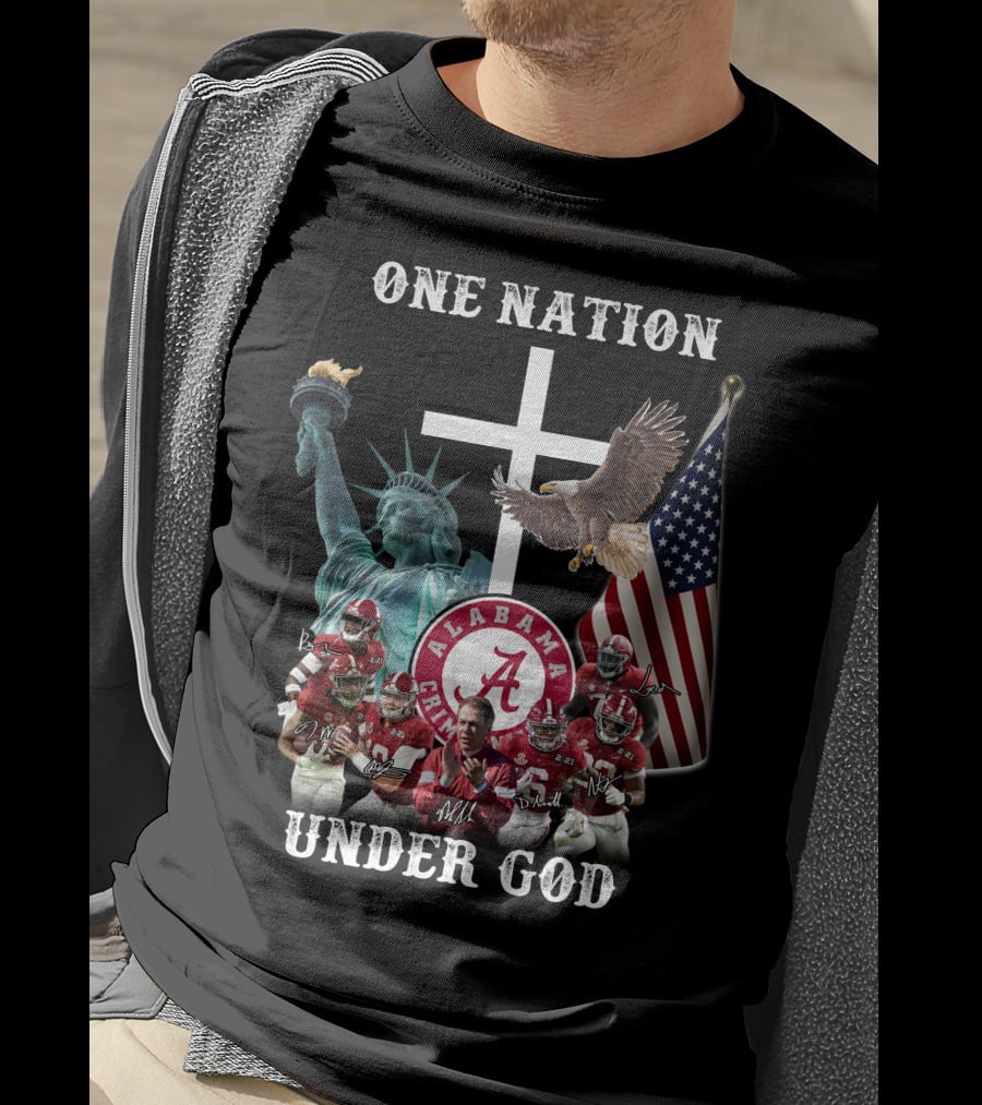 One Nation Under God Alabama Crimson Tide Football Statue Of Liberty American Flag Eagle T-Shirt
