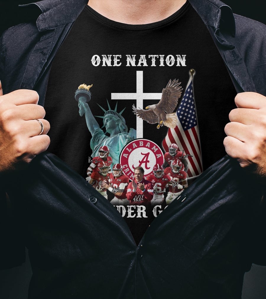 One Nation Under God Alabama Crimson Tide Football Statue Of Liberty American Flag Eagle T-Shirt