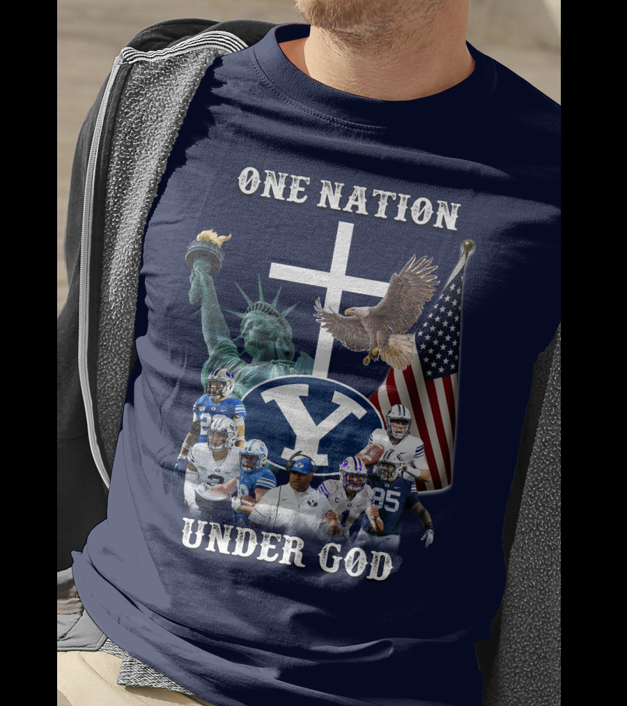 BYU One Nation Under God Coach Football Statue Liberty Cross Eagle Flag T-Shirt