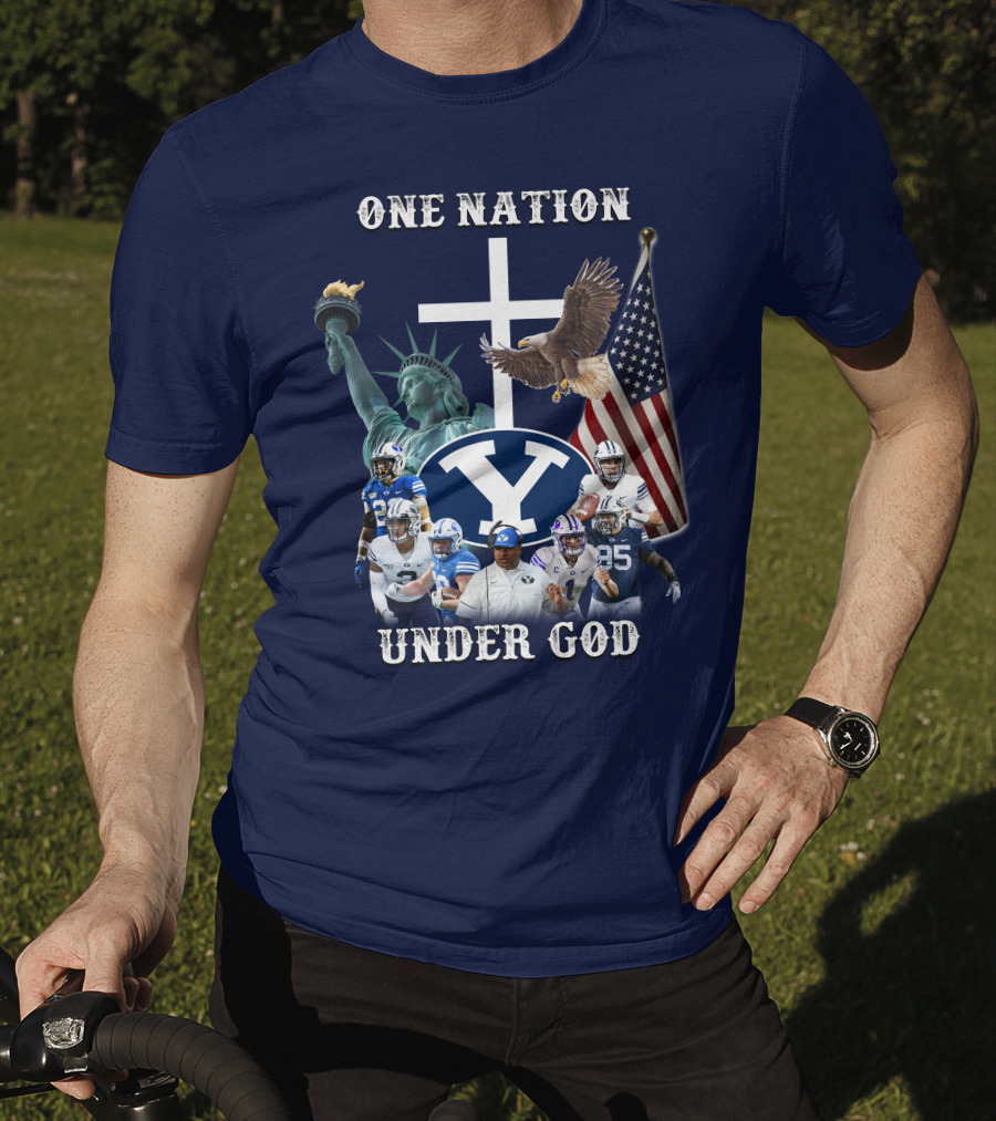 BYU One Nation Under God Coach Football Statue Liberty Cross Eagle Flag T-Shirt