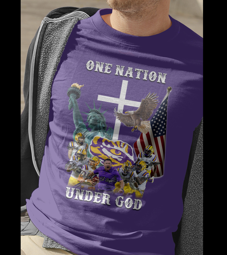 LSU Tigers Football One Nation Under God Coach Players Statue Of Liberty Eagle American Flag T-Shirt