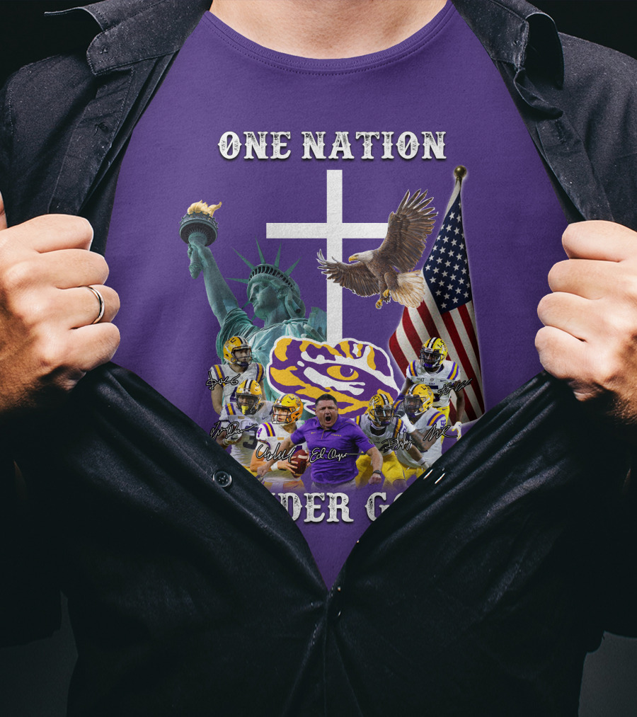 LSU Tigers Football One Nation Under God Coach Players Statue Of Liberty Eagle American Flag T-Shirt