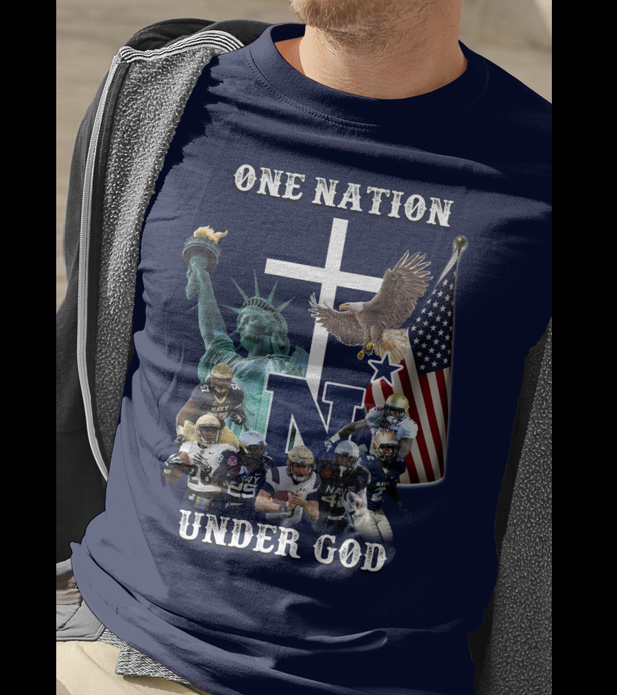 NM One Nation Under God Navy Football Statue Liberty American Flag Eagle T-Shirt