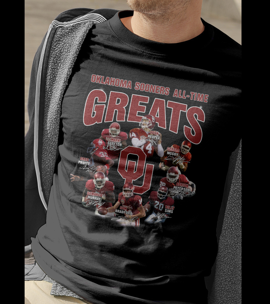 Oklahoma Sooners All-Time Greats Greg Pruitt Derrick Clayton Josh Heupel Gerald McCoy DeMarco Murray Sam Bradford Adrian Peterson Billy Sims T-Shirt