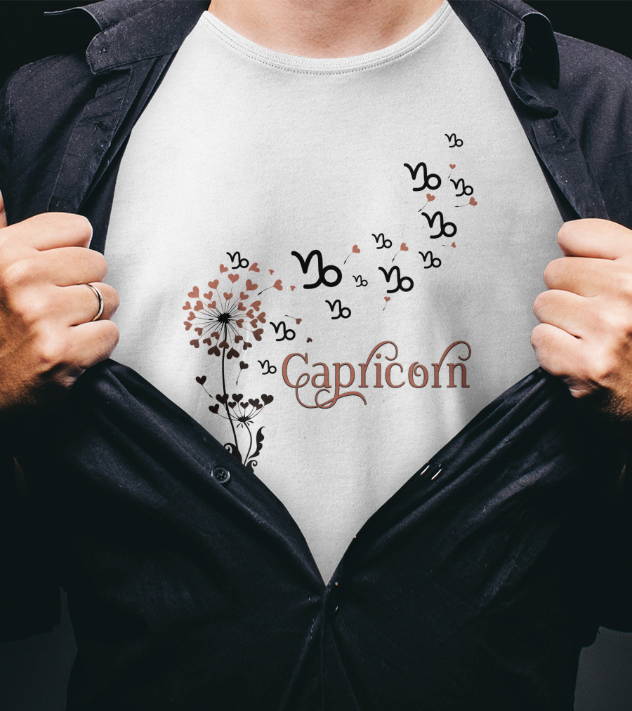 Capricorn Zodiac Sign With Heart Flower And Symbol Motif T-Shirt