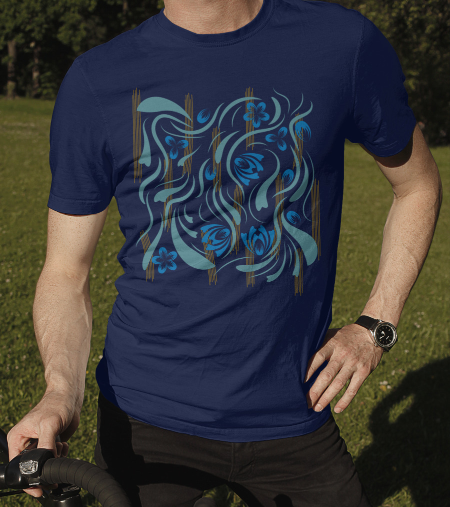 Folk Flowers Pattern Blue And Gold Floral Motif T-Shirt