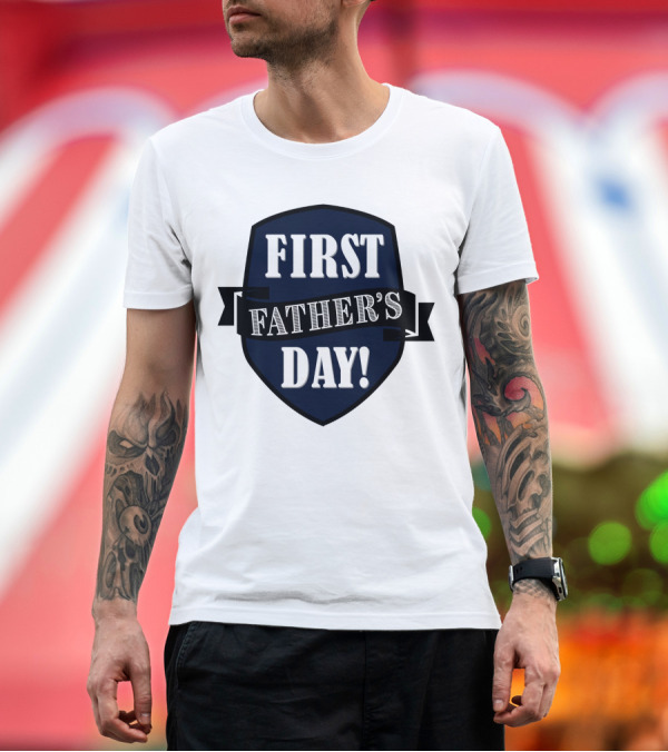 Premium T-Shirt: First Father's Day Shield Style Badge T-Shirt First Father's Day Shield Style Badge T-Shirt