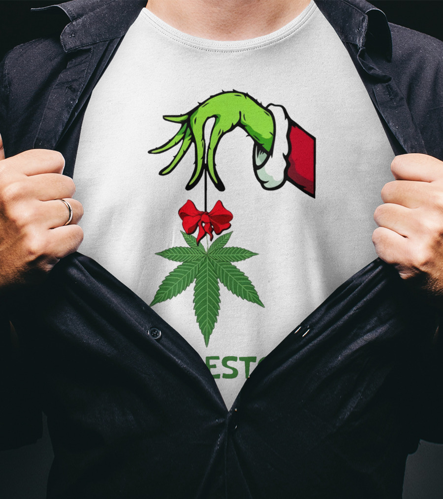 Mistlestoned Grinch Hand Holding Marijuana Leaf Christmas T-Shirt
