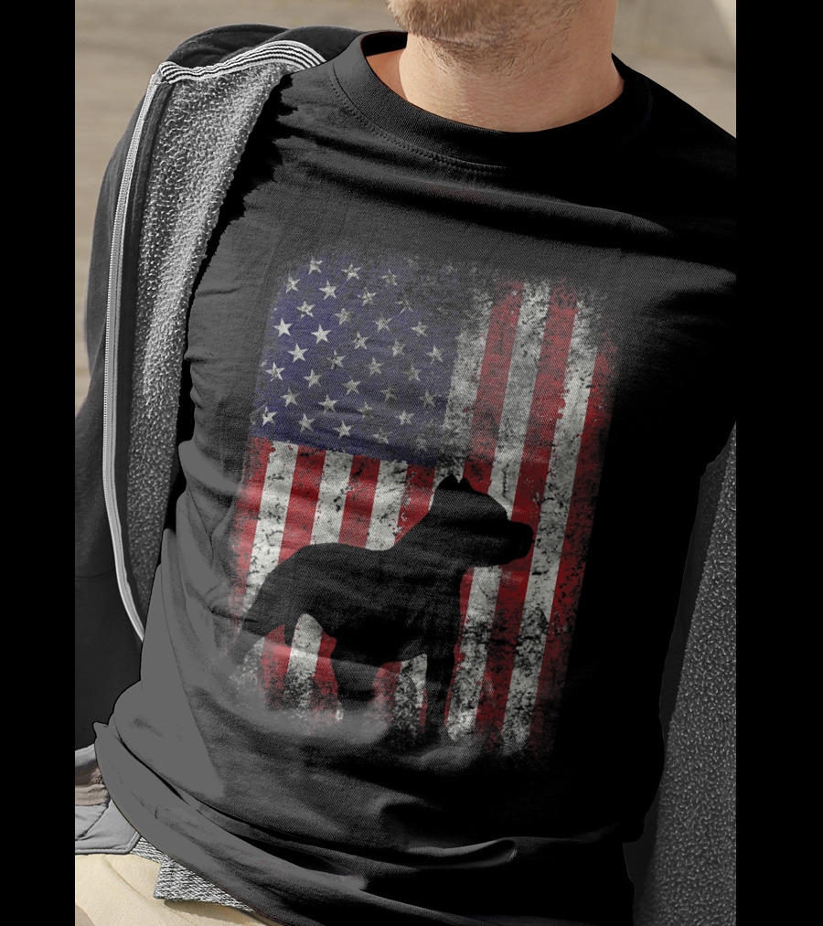 Pitbull Silhouette Against American Flag USA Patriotic T-Shirt