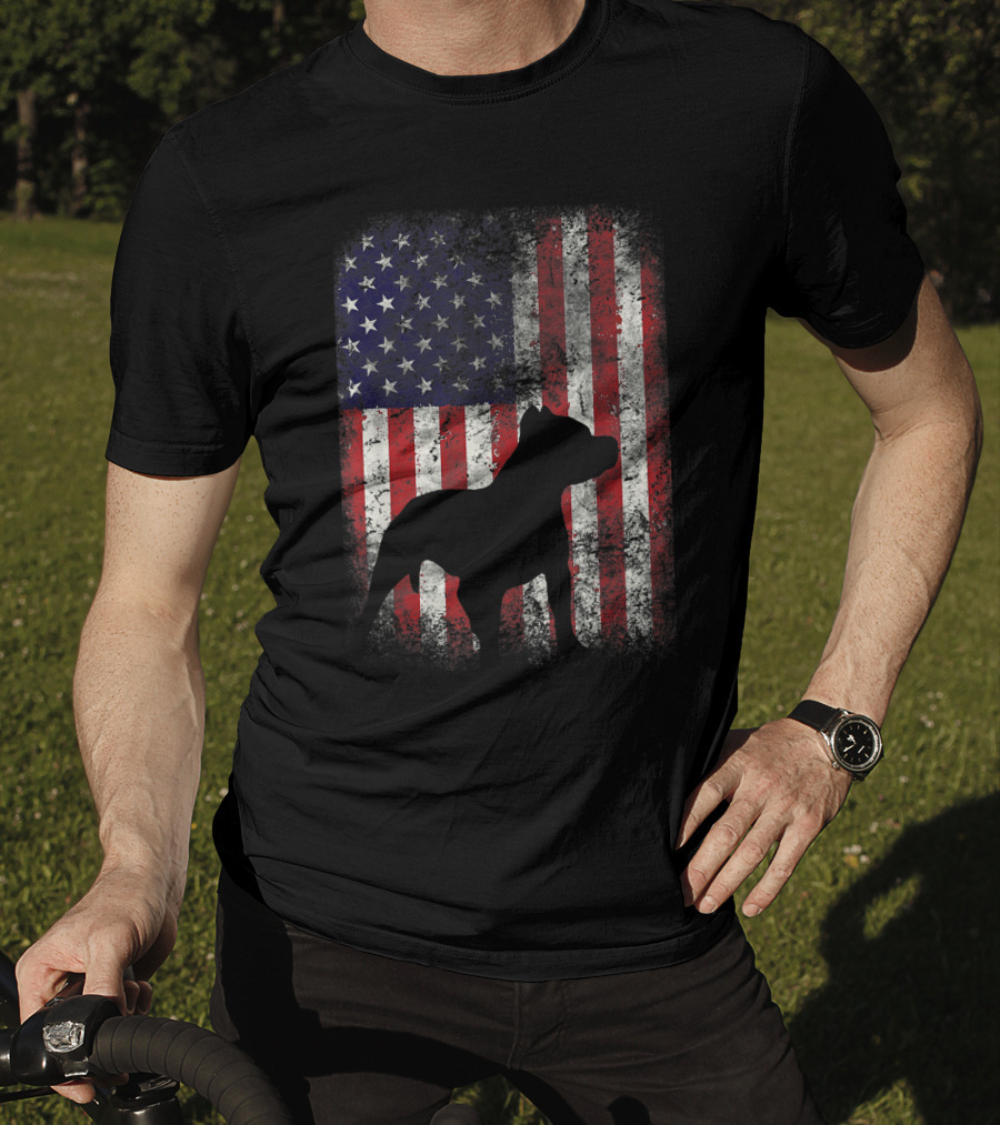 Pitbull Silhouette Against American Flag USA Patriotic T-Shirt