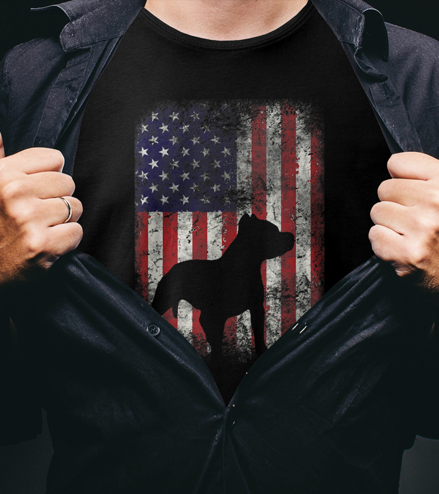 Pitbull Silhouette Against American Flag USA Patriotic T-Shirt