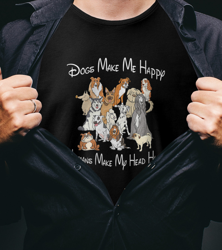Dogs Make Me Happy Humans Make My Head Hurt With Illustrated Dog Breeds T-Shirt