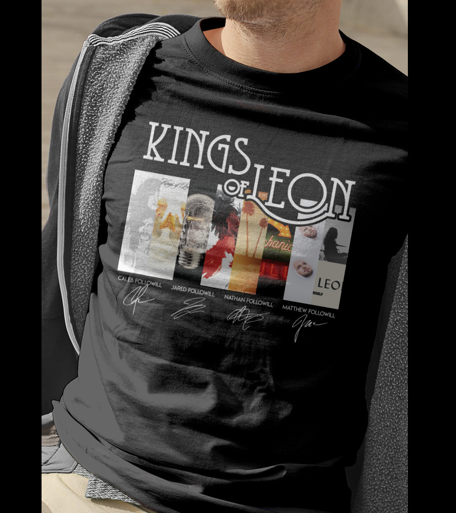 Kings Of Leon Youth And Young Manhood Album Covers With Caleb Jared Nathan Matthew Followill Signatures T-Shirt