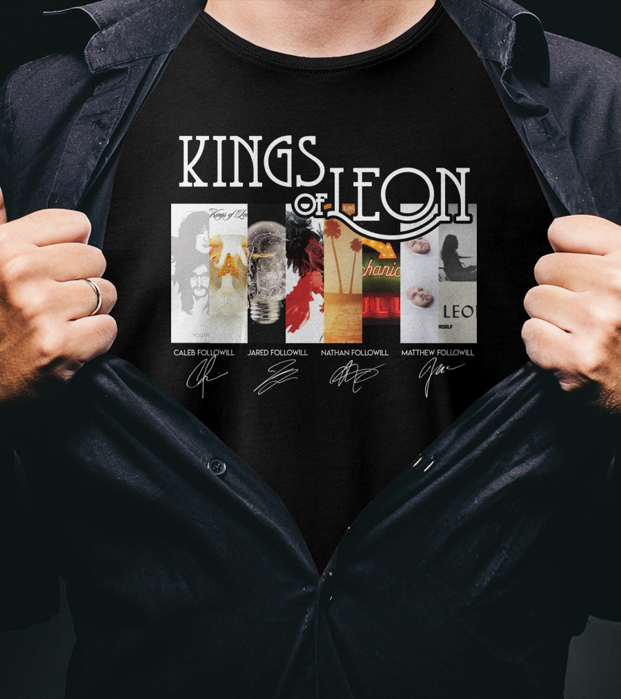 Kings Of Leon Youth And Young Manhood Album Covers With Caleb Jared Nathan Matthew Followill Signatures T-Shirt