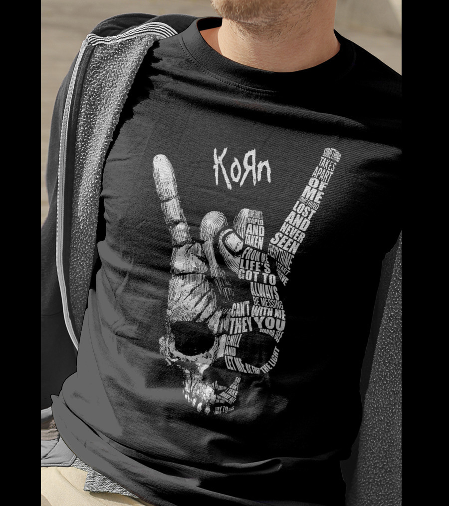 Korn Skull Hand Gesture With Text Phrases T-Shirt