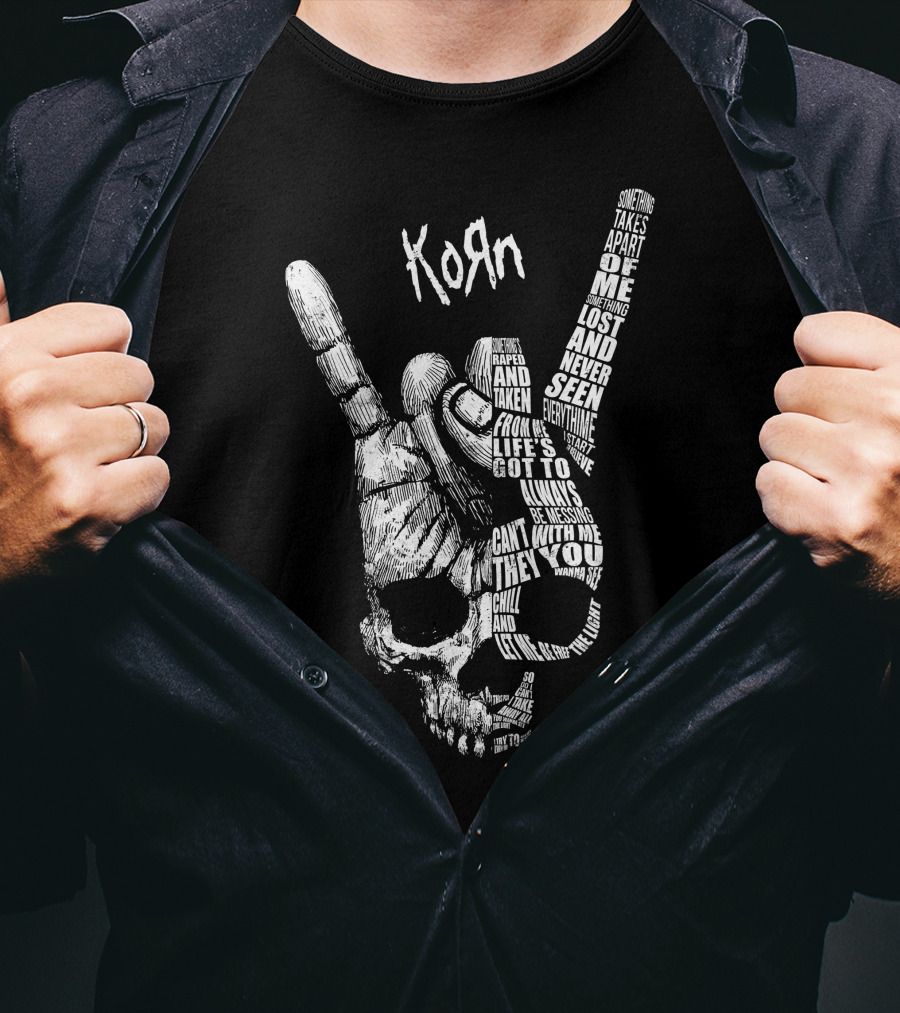 Korn Skull Hand Gesture With Text Phrases T-Shirt