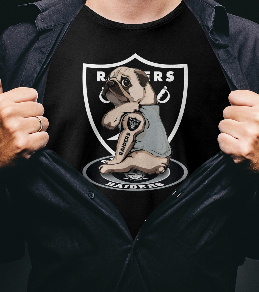 Pug Raiders NFL Team Parody With Tattoo And Shield T-Shirt