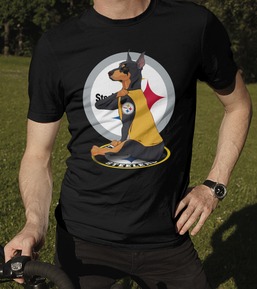 Steelers Dobermann Sitting On Steelers T-Shirt