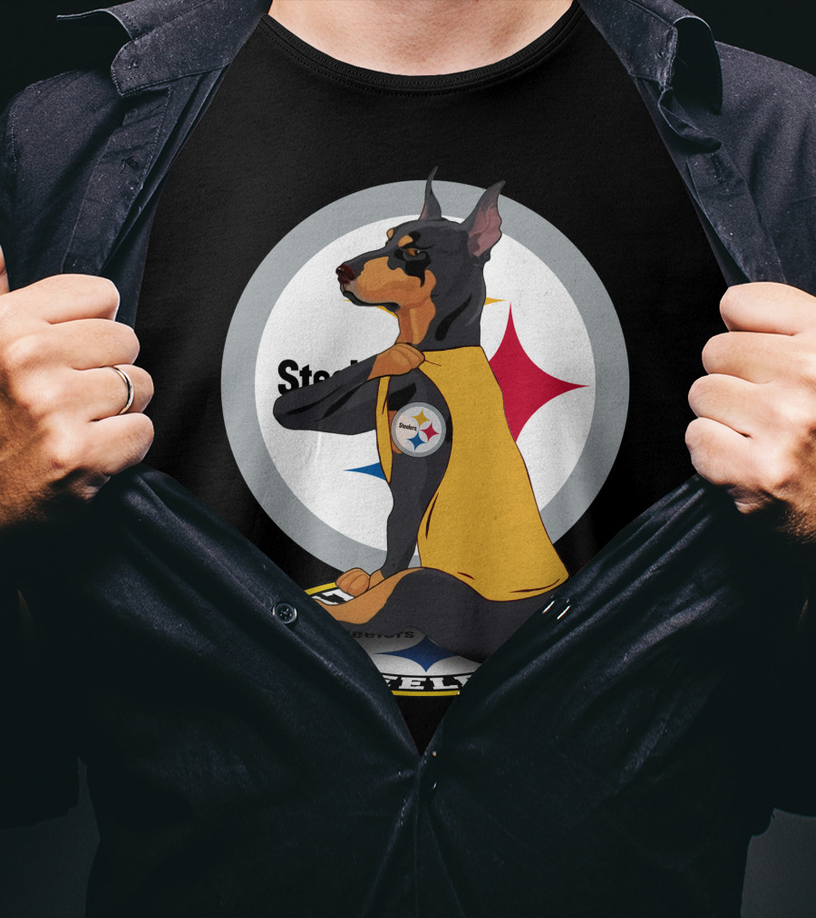 Steelers Dobermann Sitting On Steelers T-Shirt