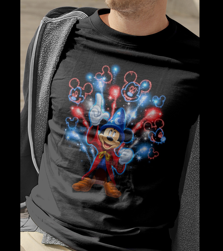 Sorcerer Mickey Mouse Red And Blue Fireworks Show T-Shirt