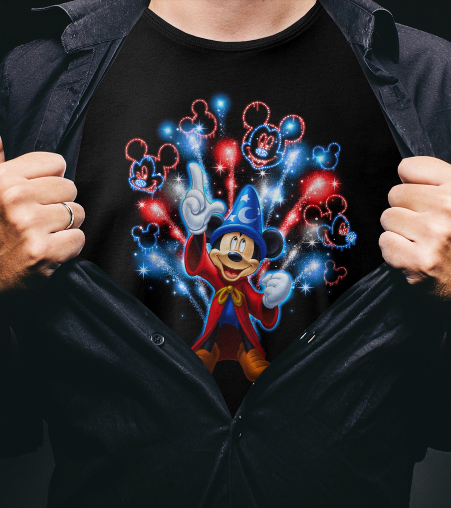 Sorcerer Mickey Mouse Red And Blue Fireworks Show T-Shirt