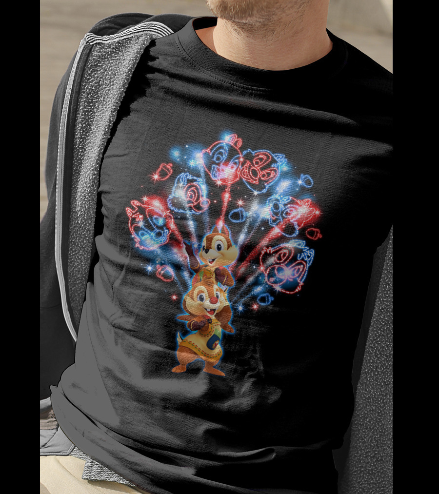Chip And Dale Firework Celebration With Sparkling Characters T-Shirt